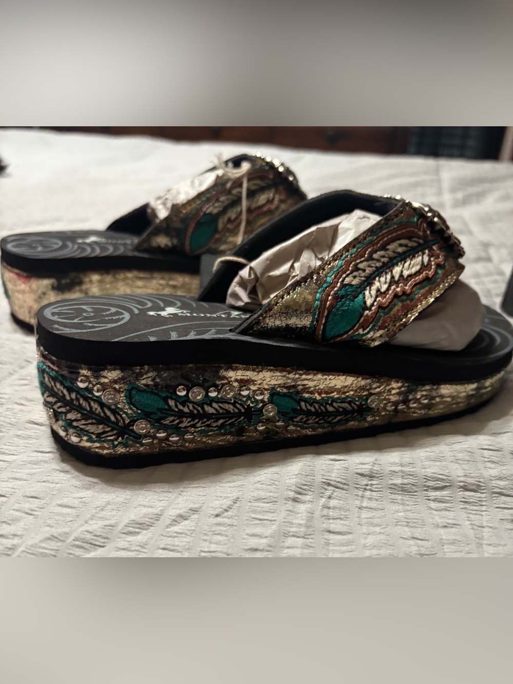 Montana West Embellished Teal and Gold Wedge Sandals - Women